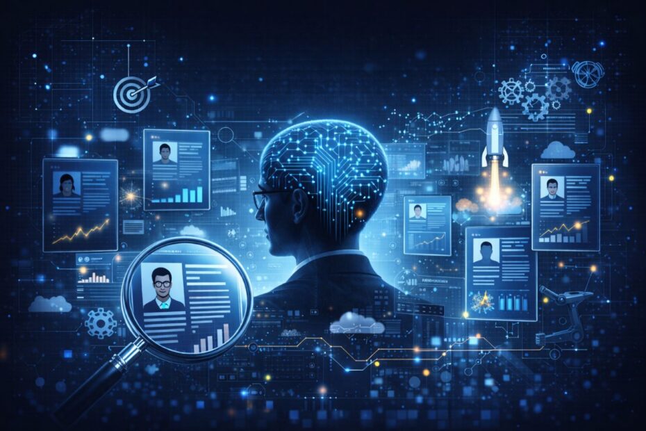 Conceptual digital illustration representing hiring data scientists with candidate profiles, analytics dashboards, and AI-driven decision-making visuals in a futuristic data environment