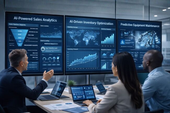Executive team reviewing AI use cases for business on large digital dashboards during strategic planning meeting