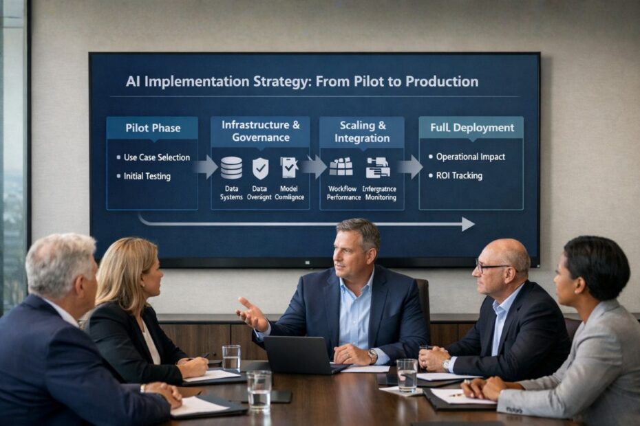 Executive leadership team reviewing AI implementation strategy roadmap from pilot to production during boardroom planning session.