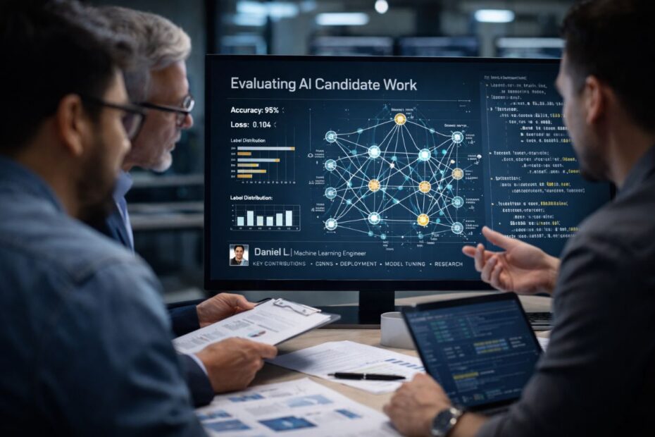 Hiring team reviewing AI candidate work on large screen during structured AI candidate assessment discussion.