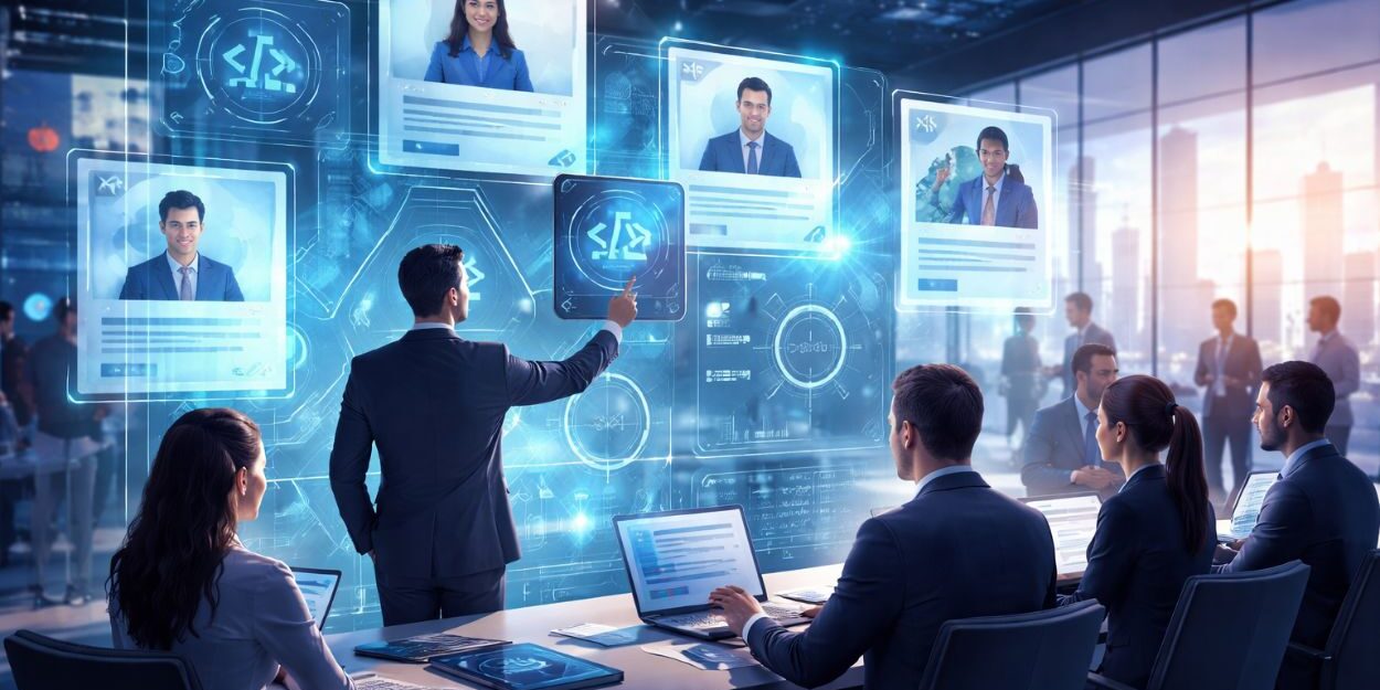 Executive team evaluating candidate profiles during AI recruiting strategy session in modern conference room