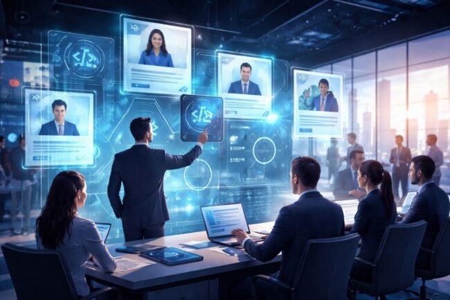 Executive team evaluating candidate profiles during AI recruiting strategy session in modern conference room