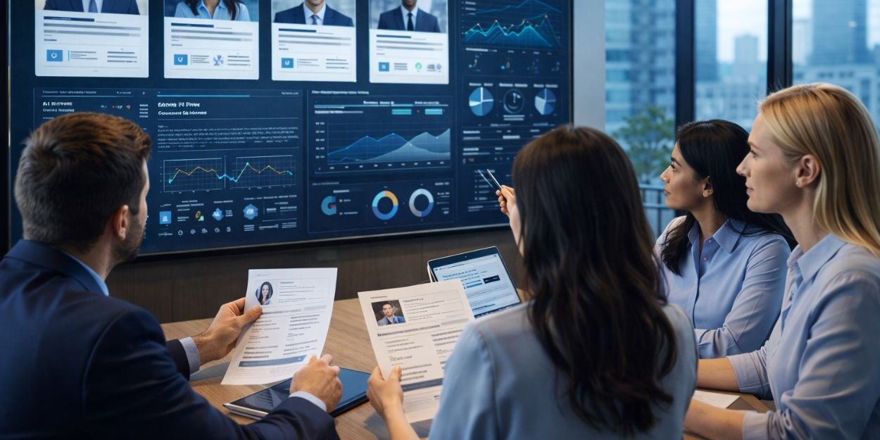 Hiring leaders analyzing candidate profiles and data dashboards to determine how to hire AI talent in a competitive market