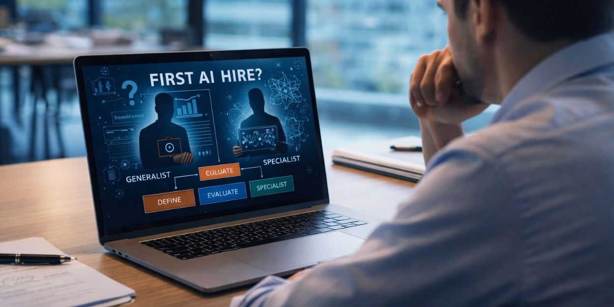 Executive reviewing candidate comparison dashboard while deciding on the first AI hire for a growing organization