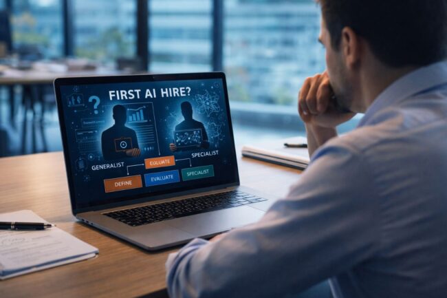 Executive reviewing candidate comparison dashboard while deciding on the first AI hire for a growing organization